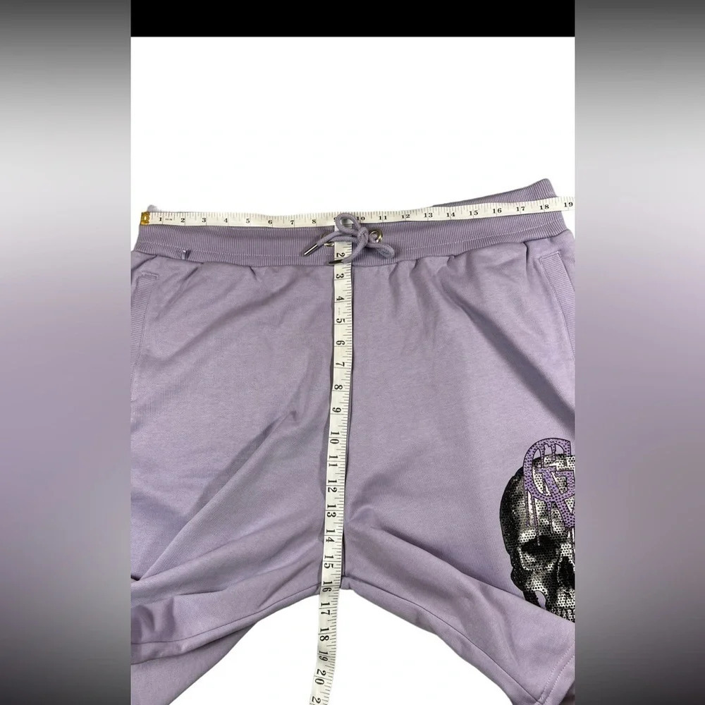 Avenue George V Paris Mens Drawstring Shorts Lila Rhinestone Skull Size 3XL - Picture 6 of 11